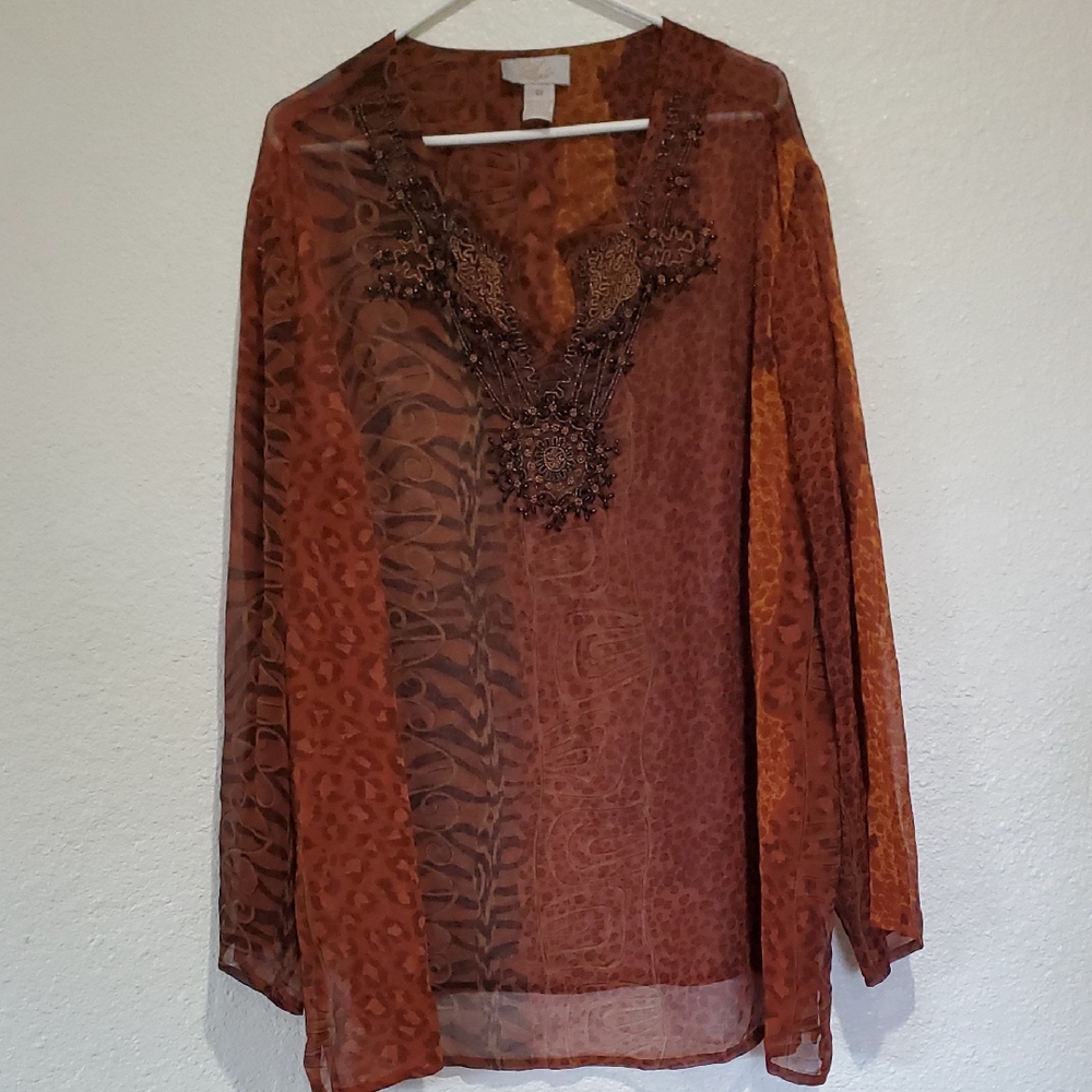 Vintage Chic Sheer Brown Blouse with Intricate Detailing